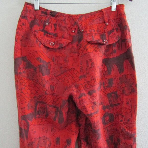 Chico's Vintage Linen Pants 1 Red Printed Coastal Artsy Cargo Boho Lagenlook - Picture 7 of 12